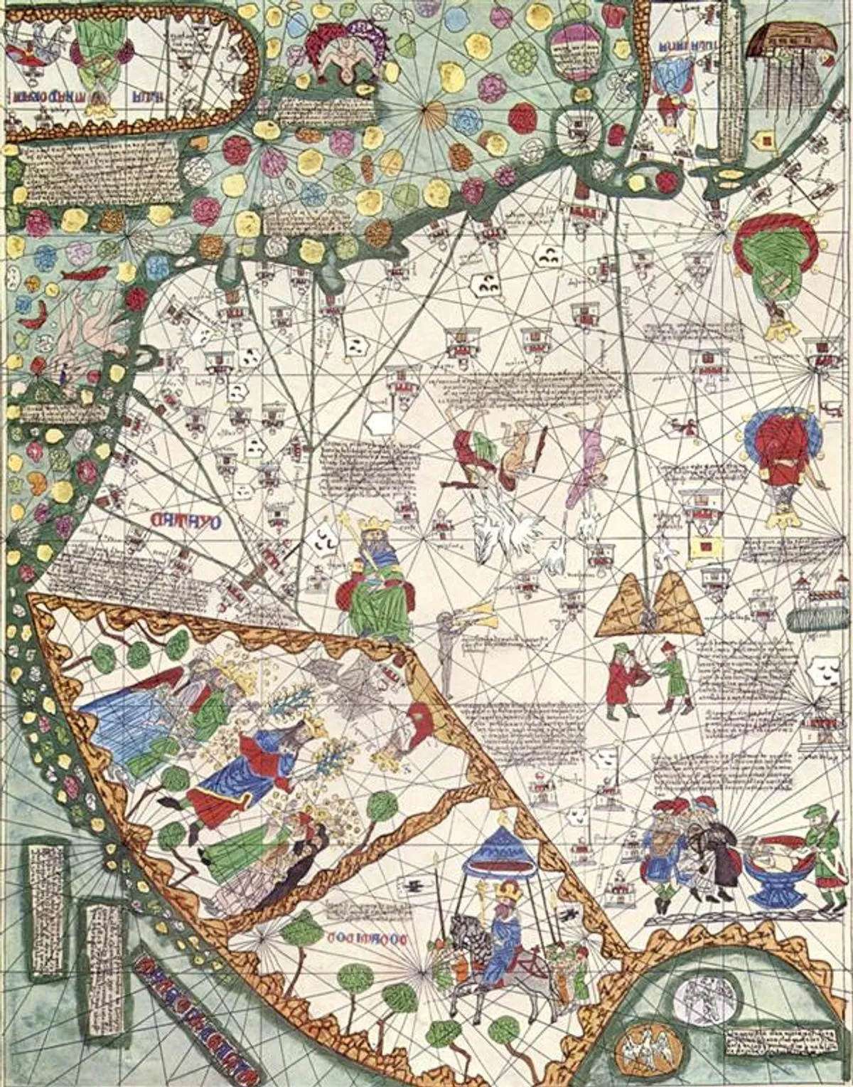 A richly coloured south-up map of East Asia from the Catalan Atlas, filled with cities, rulers, routes, animals, ships, and explanatory text.
