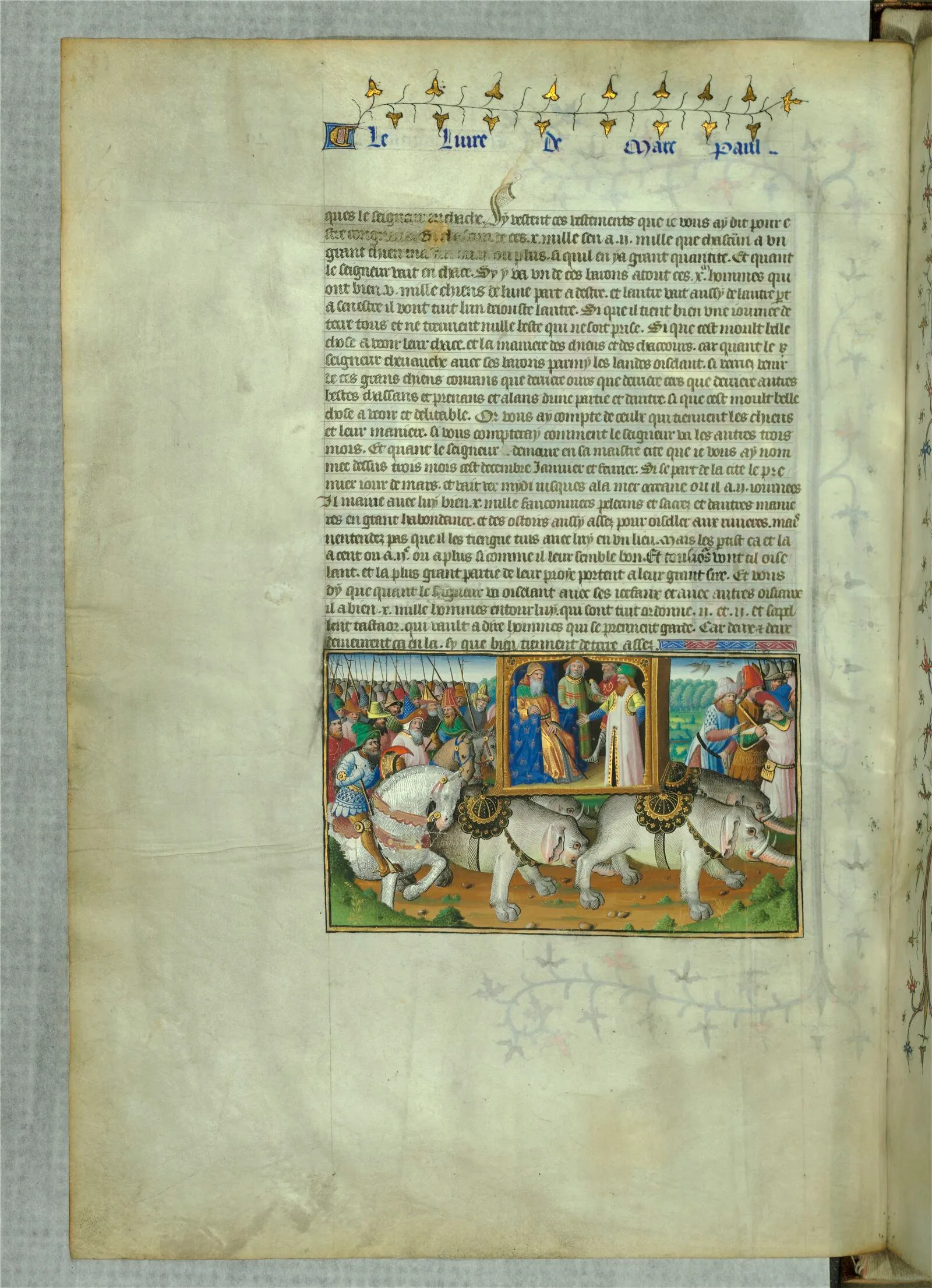 A manuscript page showing Kublai Khan beneath a canopy carried by elephants, accompanied by mounted attendants, soldiers, and falconers.