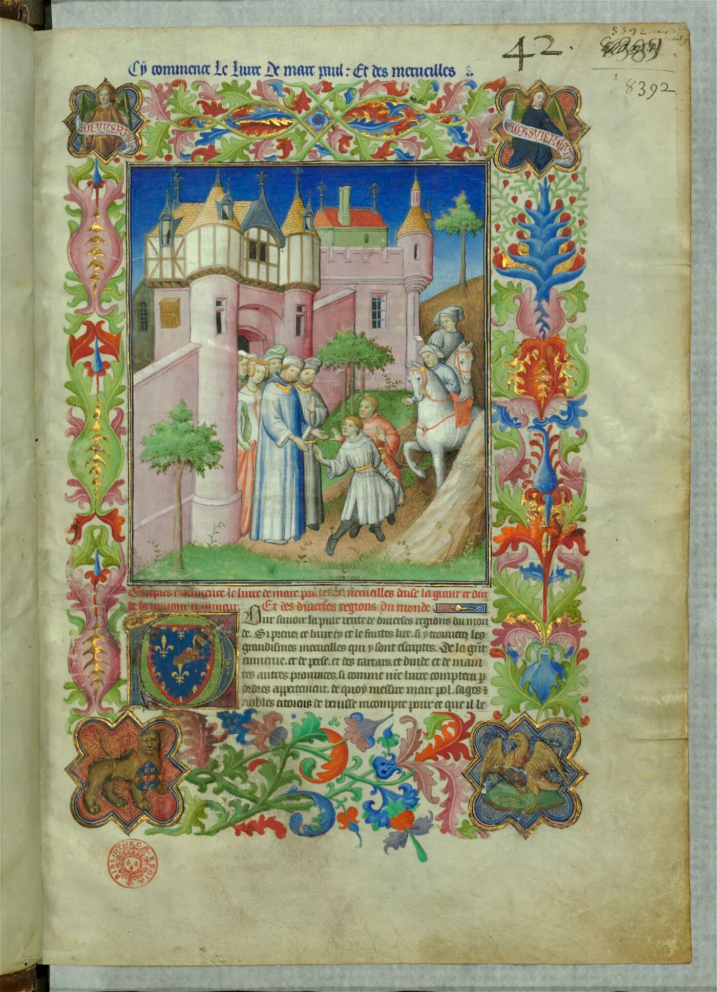 The decorated opening folio of the Livre des merveilles, with a miniature of a traveller meeting a group outside a city, framed by elaborate floral borders.
