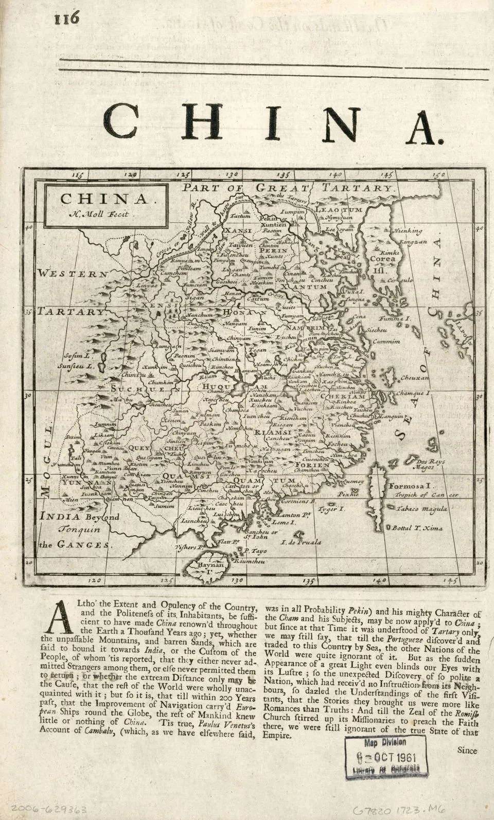 A tall engraved map of China published by Herman Moll in 1723, with coastlines, provinces, rivers, and surrounding regions labelled.