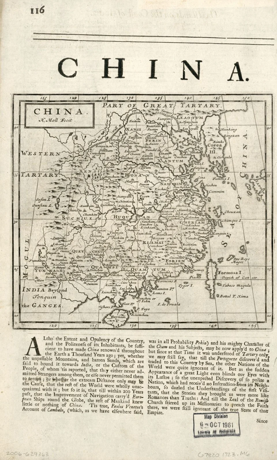 A tall engraved map of China published by Herman Moll in 1723, with coastlines, provinces, rivers, and surrounding regions labelled.