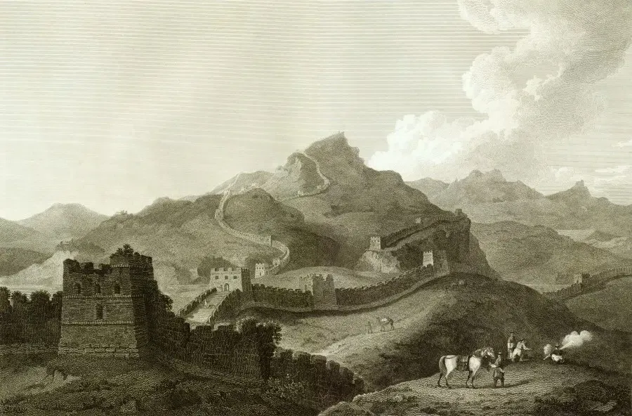 An engraved mountain landscape in which the Great Wall winds across distant ridges while embassy figures, Chinese soldiers, pack animals, and measuring activity occupy the foreground.