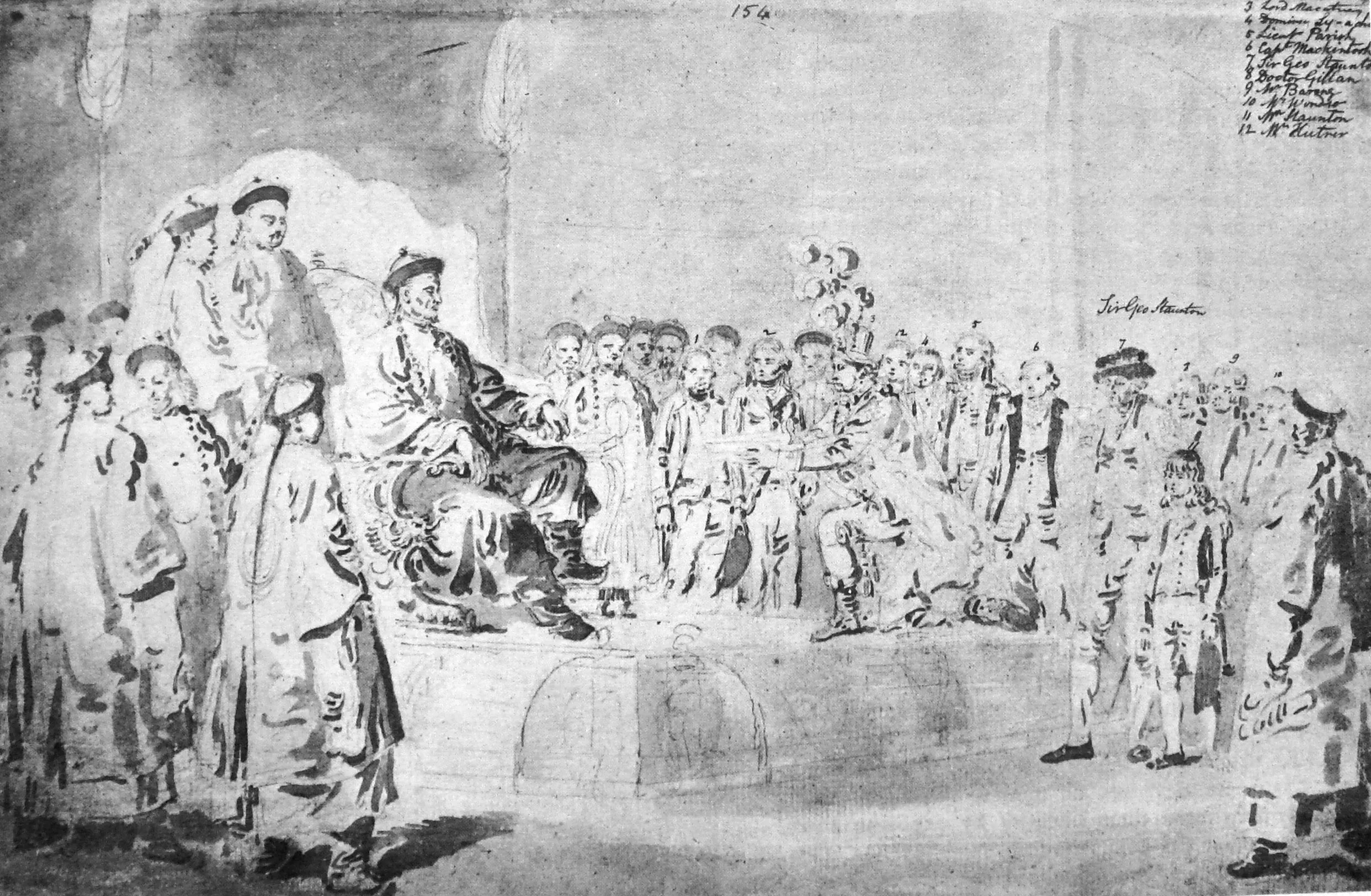 A monochrome drawing of the Qianlong Emperor seated beneath a canopy as Lord Macartney and members of the British embassy approach, with a numbered key identifying the participants below.