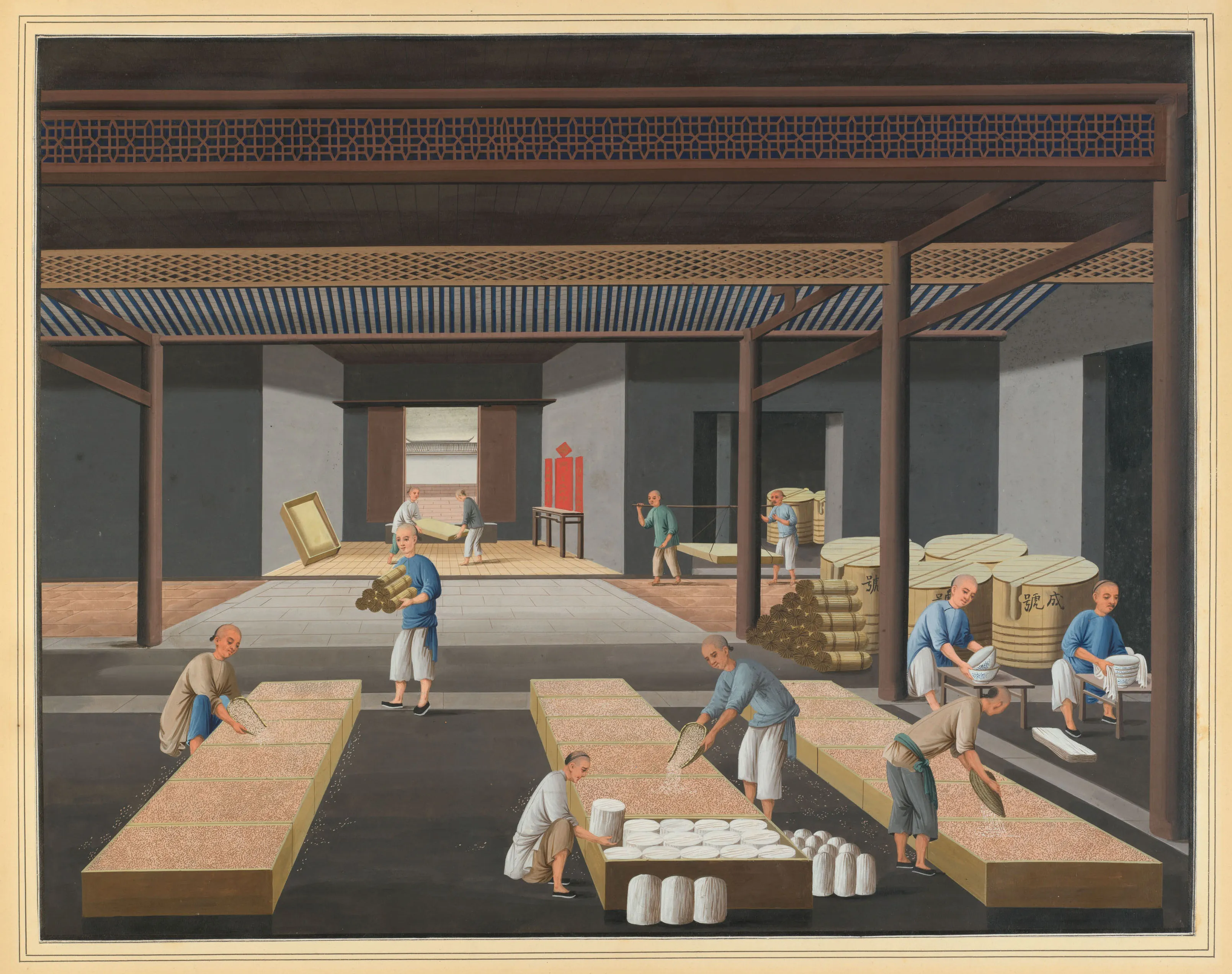 A Chinese export watercolour showing workers sorting, wrapping, and packing blue-and-white porcelain into wooden crates inside a busy Canton workshop.