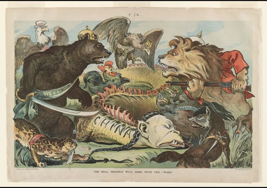 National animals representing the foreign powers crowd around a sleeping and wounded Chinese dragon; the Russian bear and British lion hold weapons while eagles, a cock, a wolf, and a leopard watch for the dragon to wake.