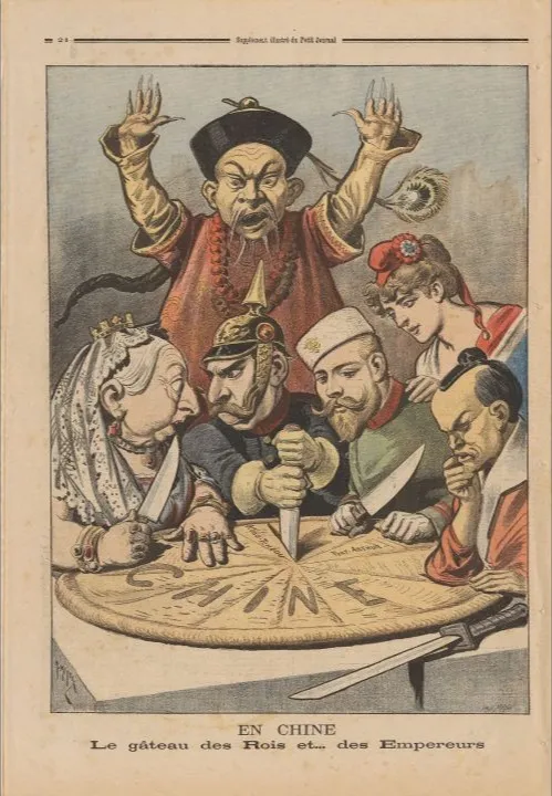 Queen Victoria, Kaiser Wilhelm II, Tsar Nicholas II, Marianne, and the Meiji Emperor gather with knives around a cake marked Chine, while a stereotyped Qing official raises his hands in alarm behind them.
