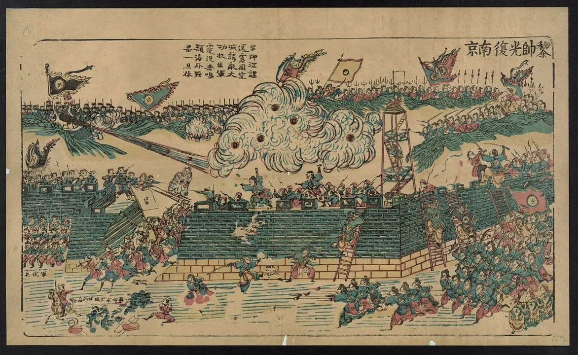 A Chinese colour woodcut shows revolutionary troops assaulting the walls of Nanjing from several directions as smoke billows from cannon fire and banners fill the crowded battlefield.
