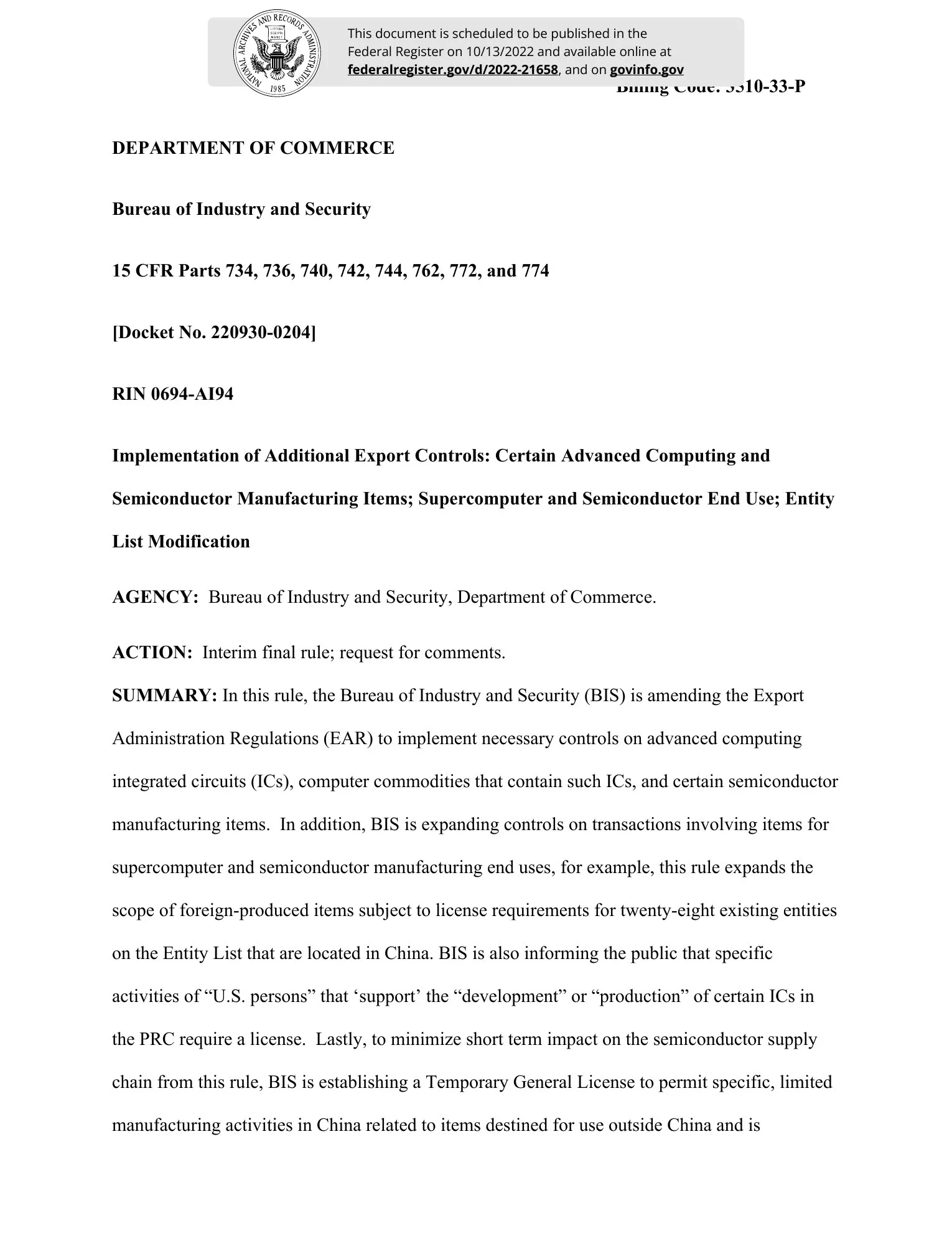 The first page of a Bureau of Industry and Security interim rule, with the National Archives seal above a long title on advanced computing and semiconductor export controls.