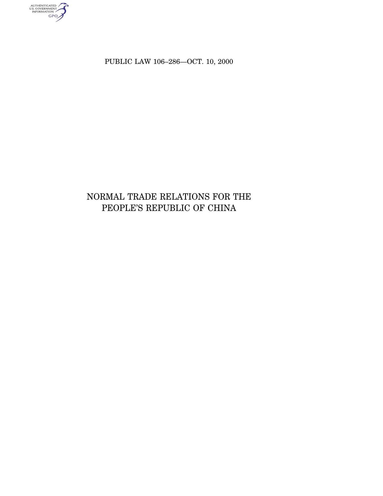 The sparse opening page of Public Law 106-286, headed Normal Trade Relations for the People’s Republic of China beneath a GovInfo authentication mark.