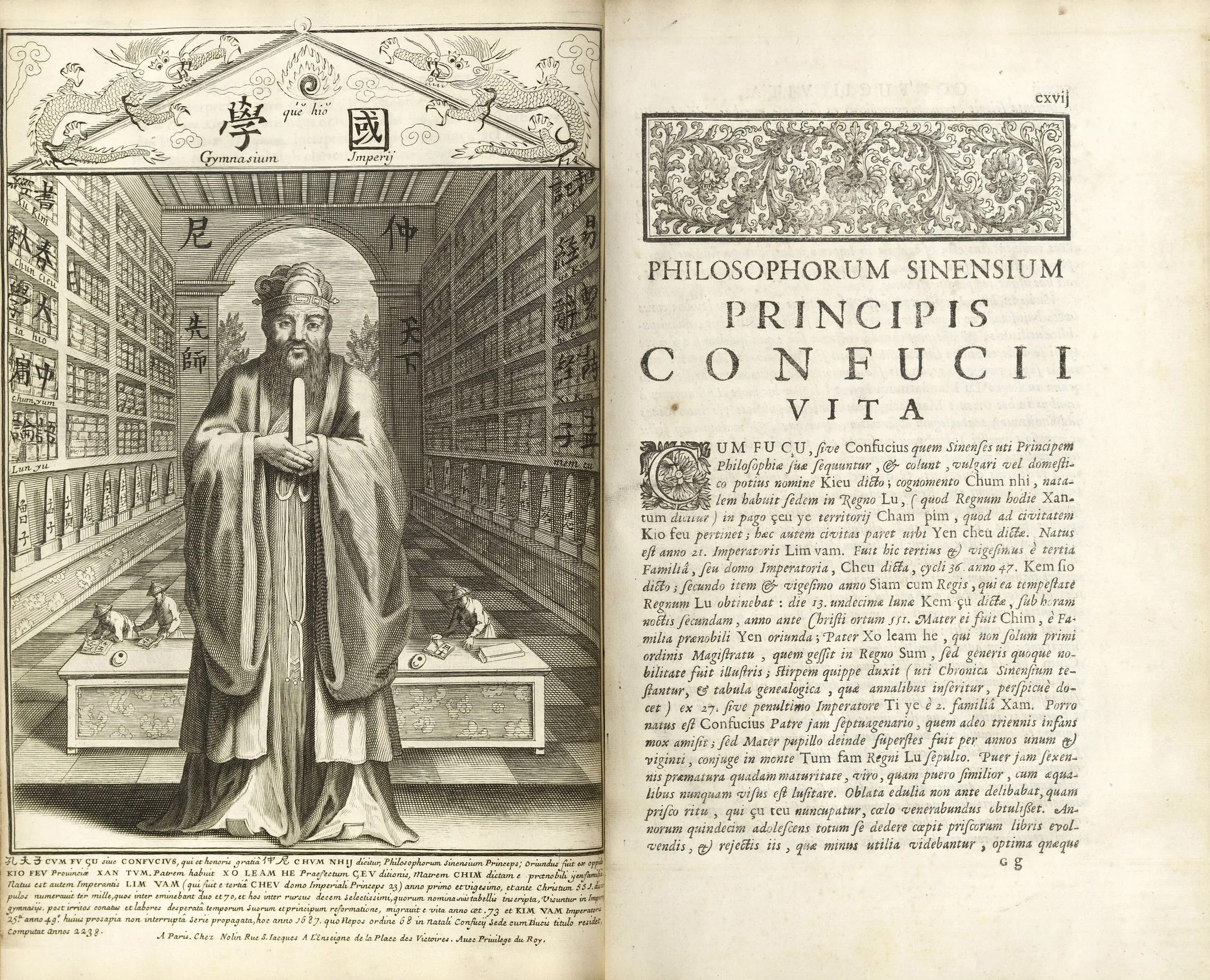 An open book spread with an engraving of Confucius in a temple-like library on the left and a Latin biography headed The Life of Confucius, First of the Chinese Philosophers on the right.