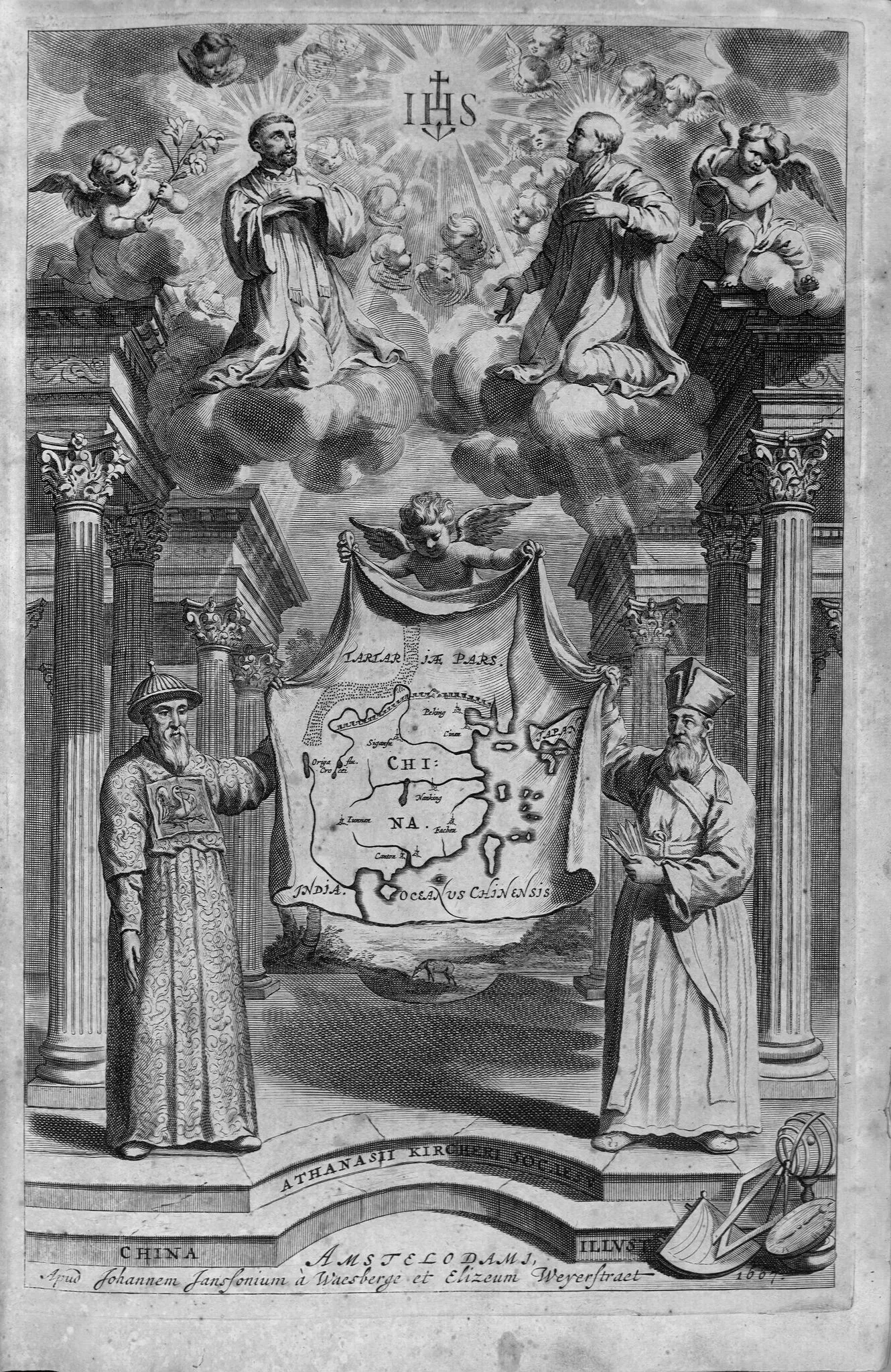 An elaborate engraved frontispiece in which Adam Schall and Matteo Ricci hold a map of China beneath Jesuit saints, angels, and the radiant IHS emblem.