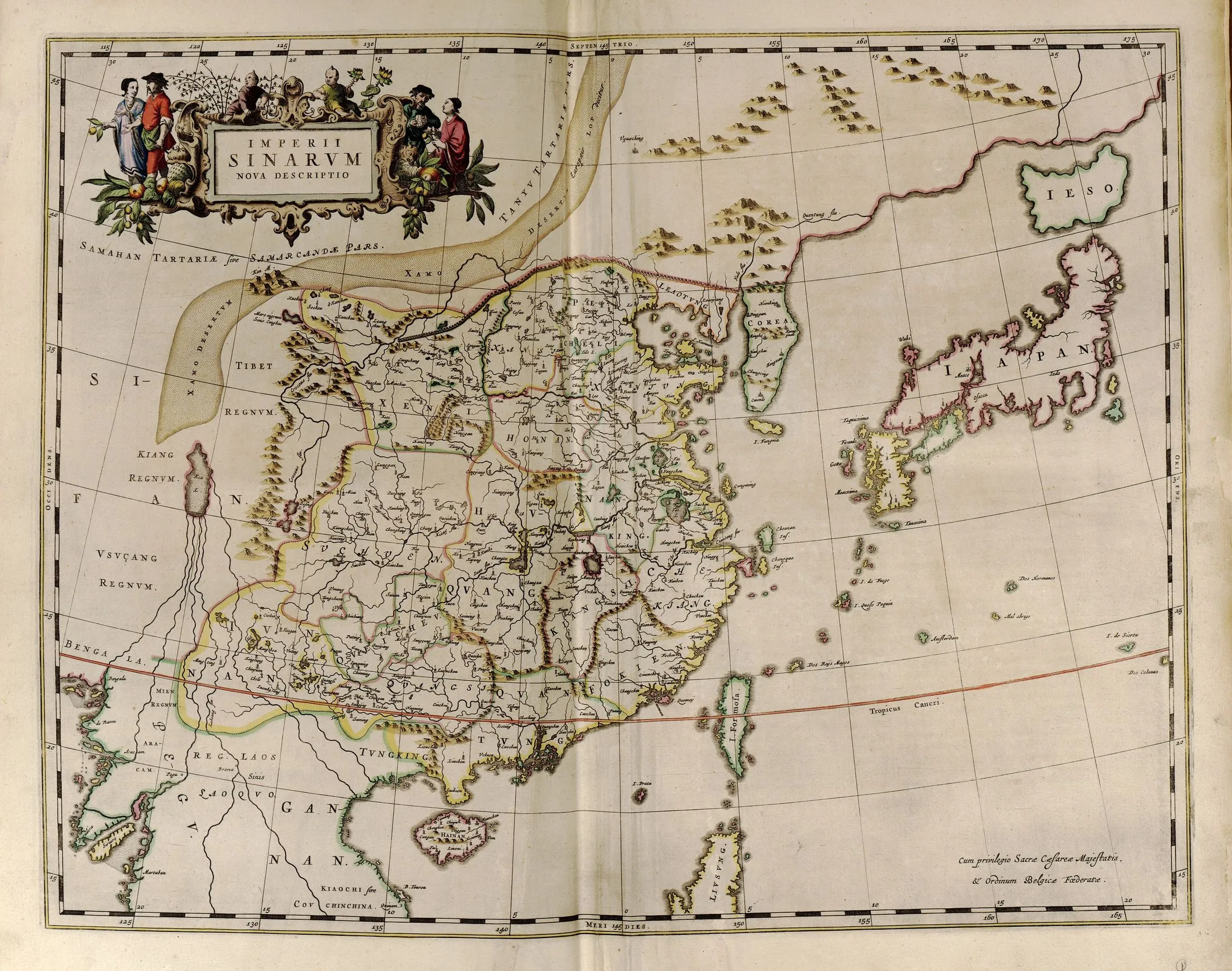 A hand-coloured atlas map of China, Korea, and Japan showing provincial boundaries, rivers, mountains, cities, latitude and longitude, and a decorative title cartouche.
