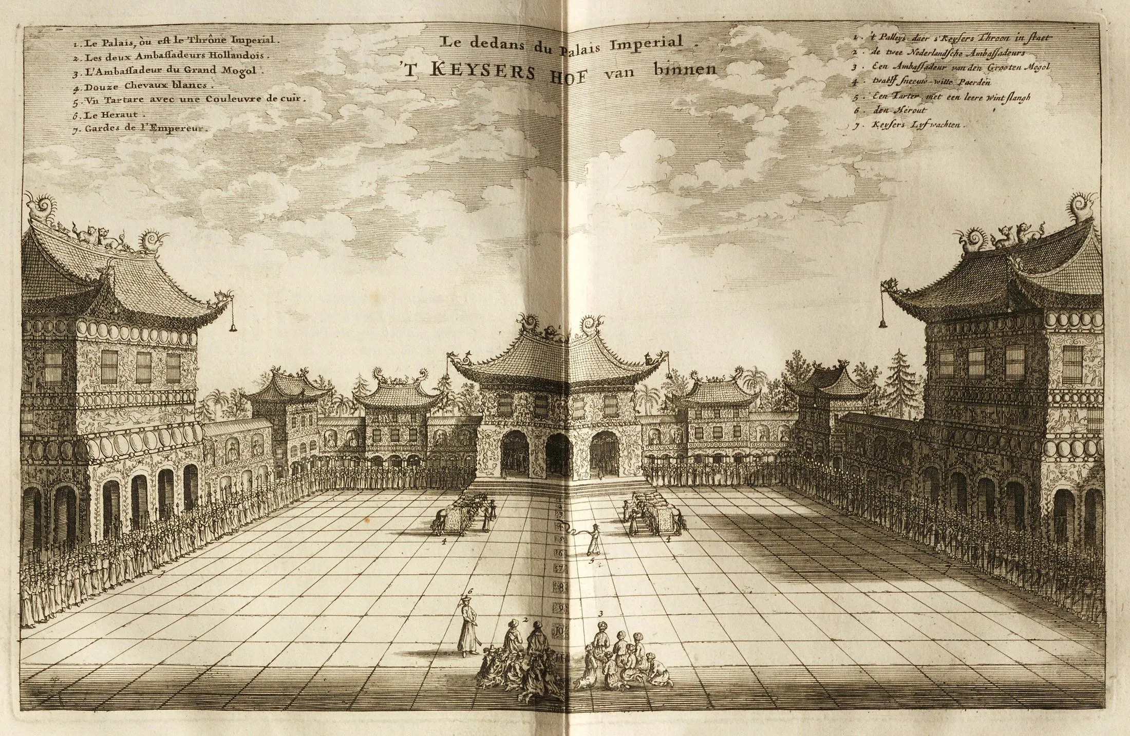 A wide engraving of an imagined imperial courtyard in Beijing, with symmetrical palace buildings, ranks of guards, diplomats, horses, and numbered explanatory captions.