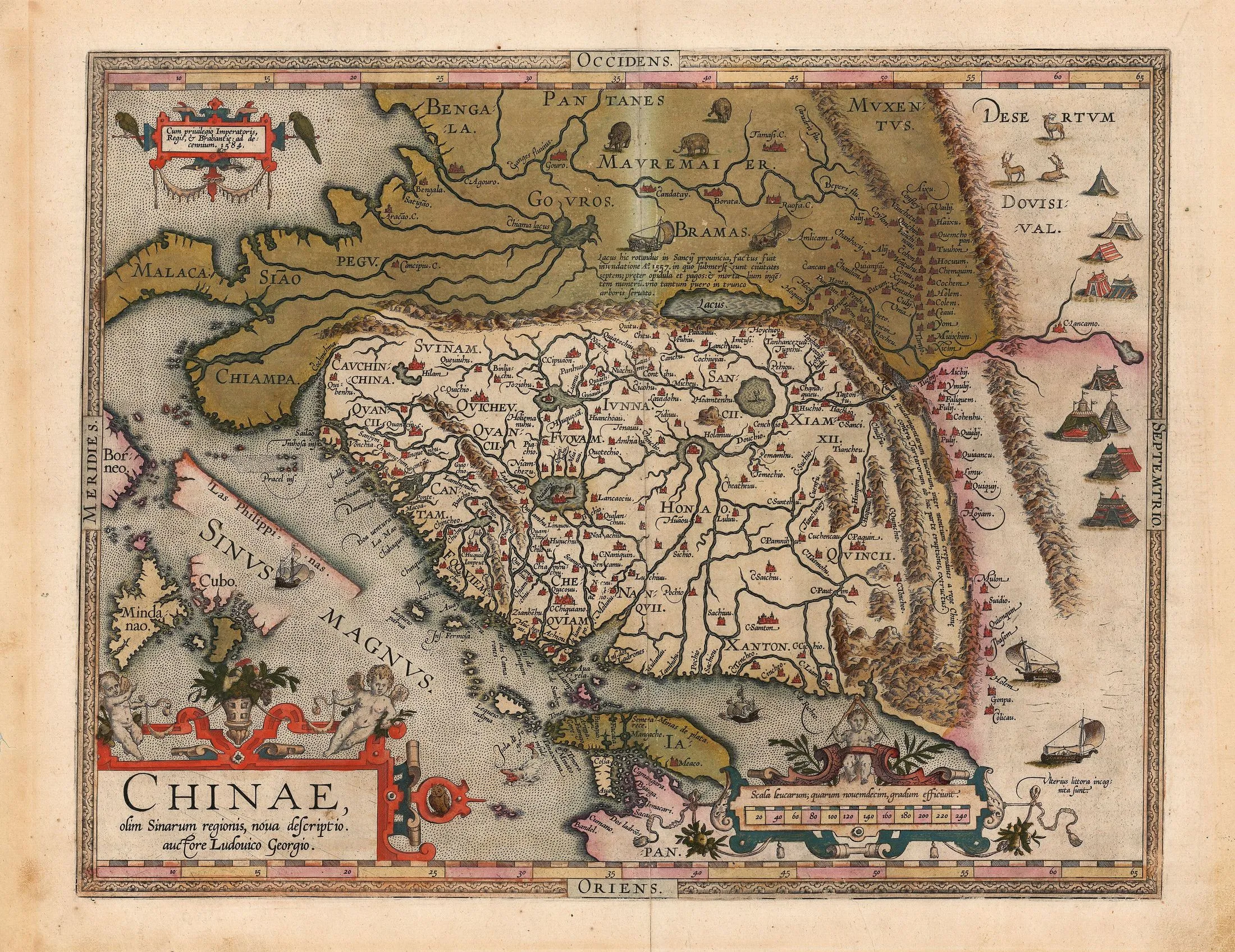 A hand-coloured engraved map of China with west at the top, showing provincial names, rivers, cities, the Great Wall, ships, tents, animals, and decorative cartouches.