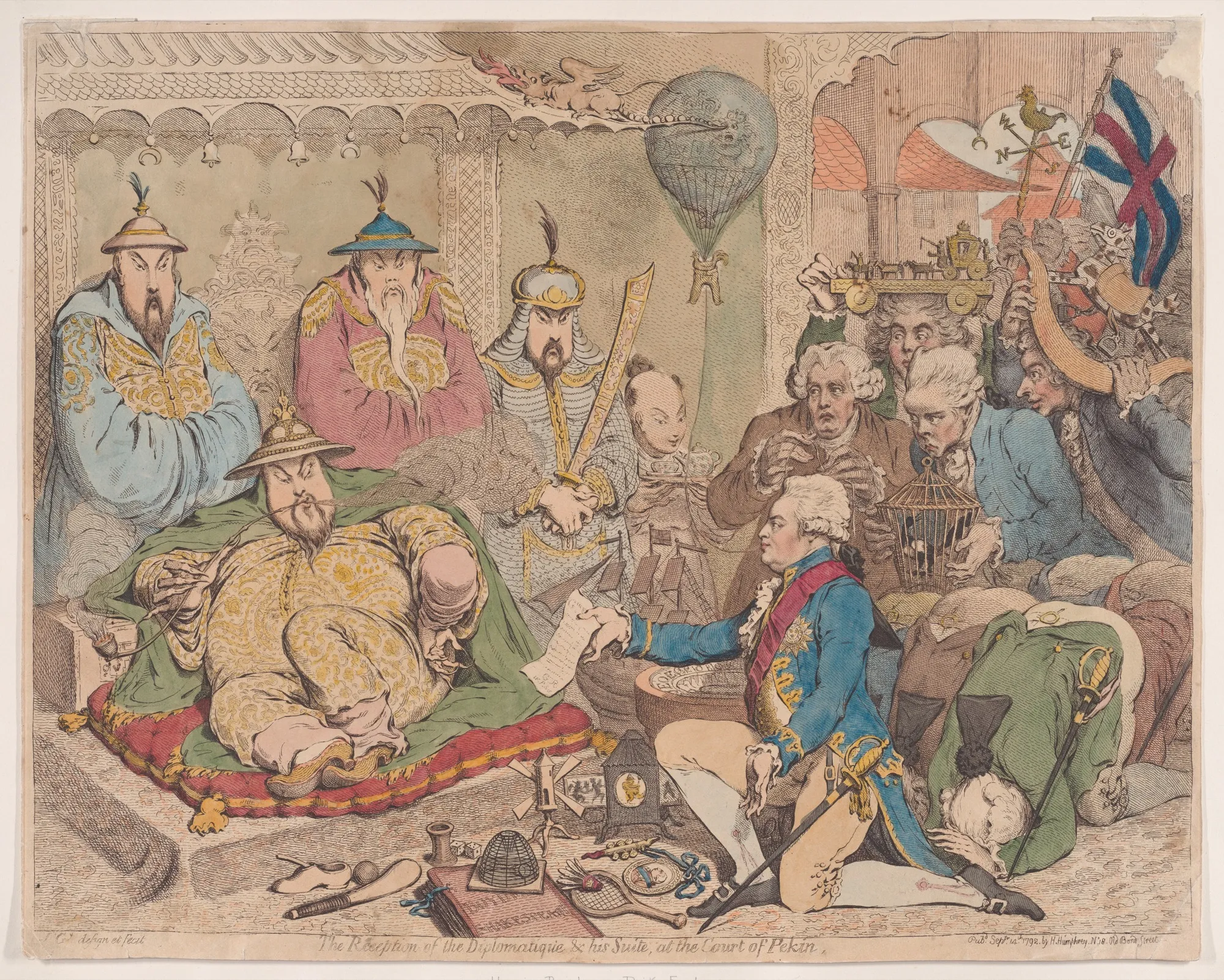 A hand-coloured satirical print imagining Lord Macartney kneeling before a caricatured Qianlong Emperor while British gifts and prostrating diplomats crowd the Qing court.