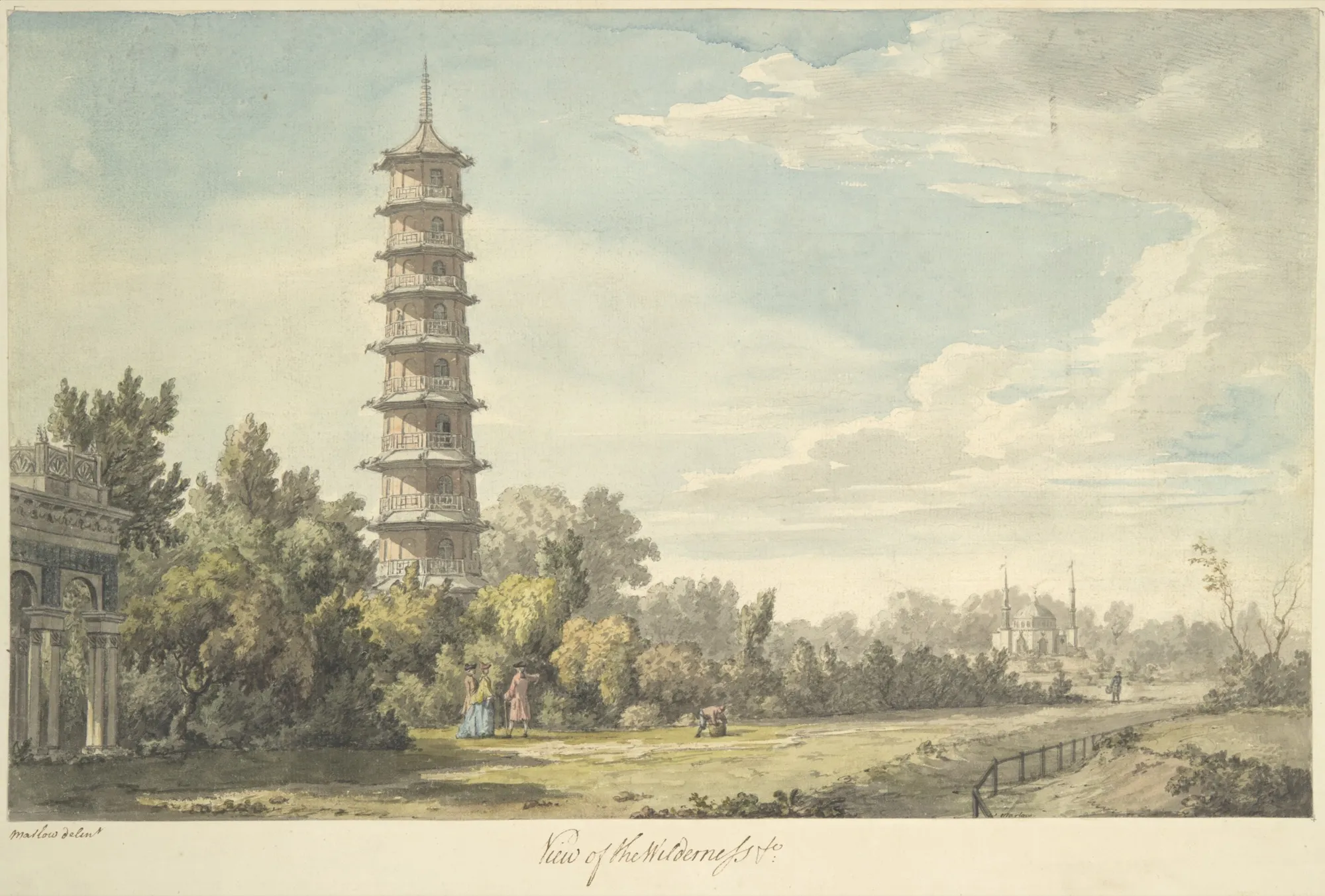 A pale watercolour landscape of Kew with the tall Great Pagoda rising above trees, an ornate building at left, a distant mosque, and small figures walking through the royal garden.