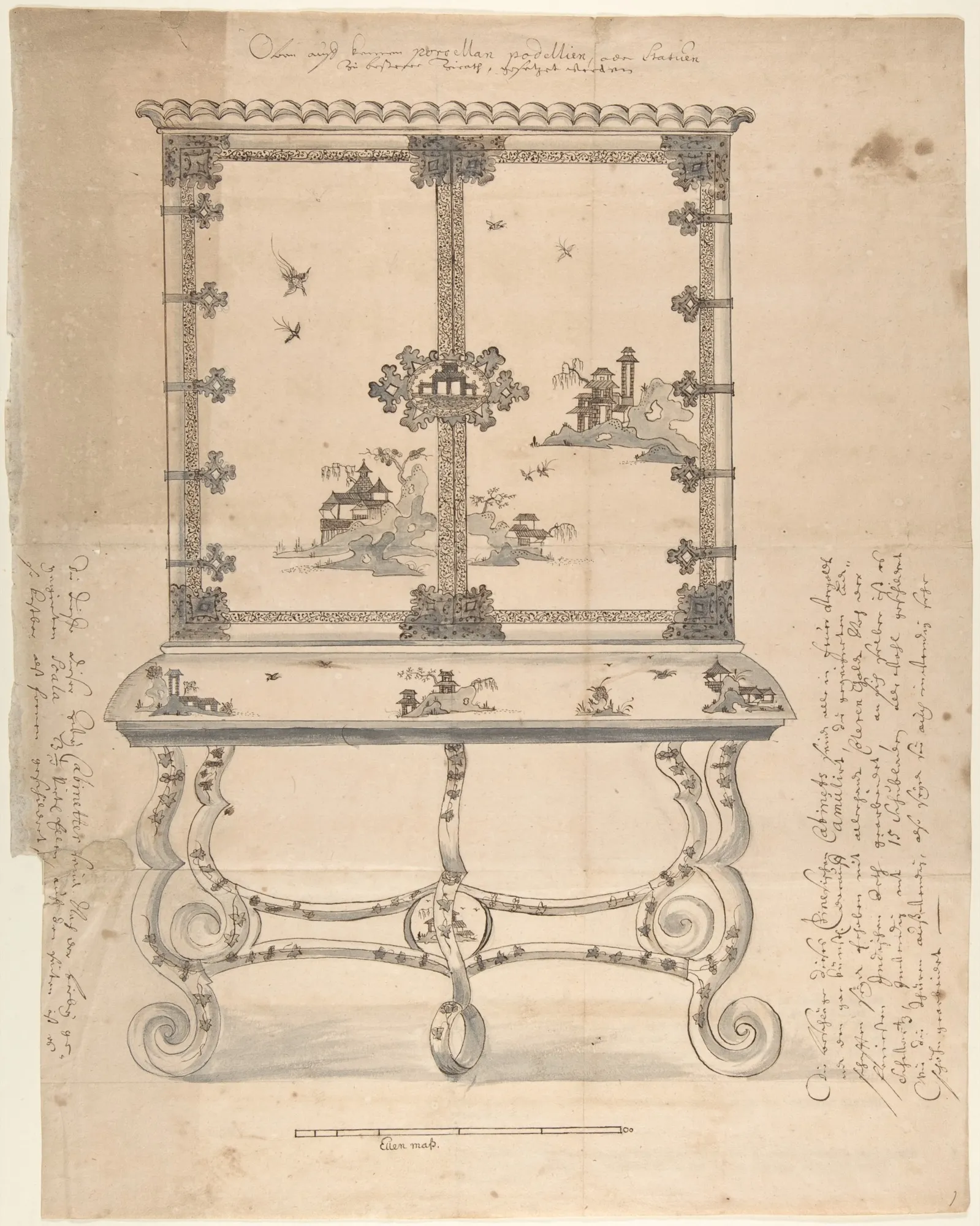 A vertical workshop drawing of a two-door lacquer cabinet on an elaborate stand, surrounded by handwritten construction notes and decorated with small East Asian-style landscapes.
