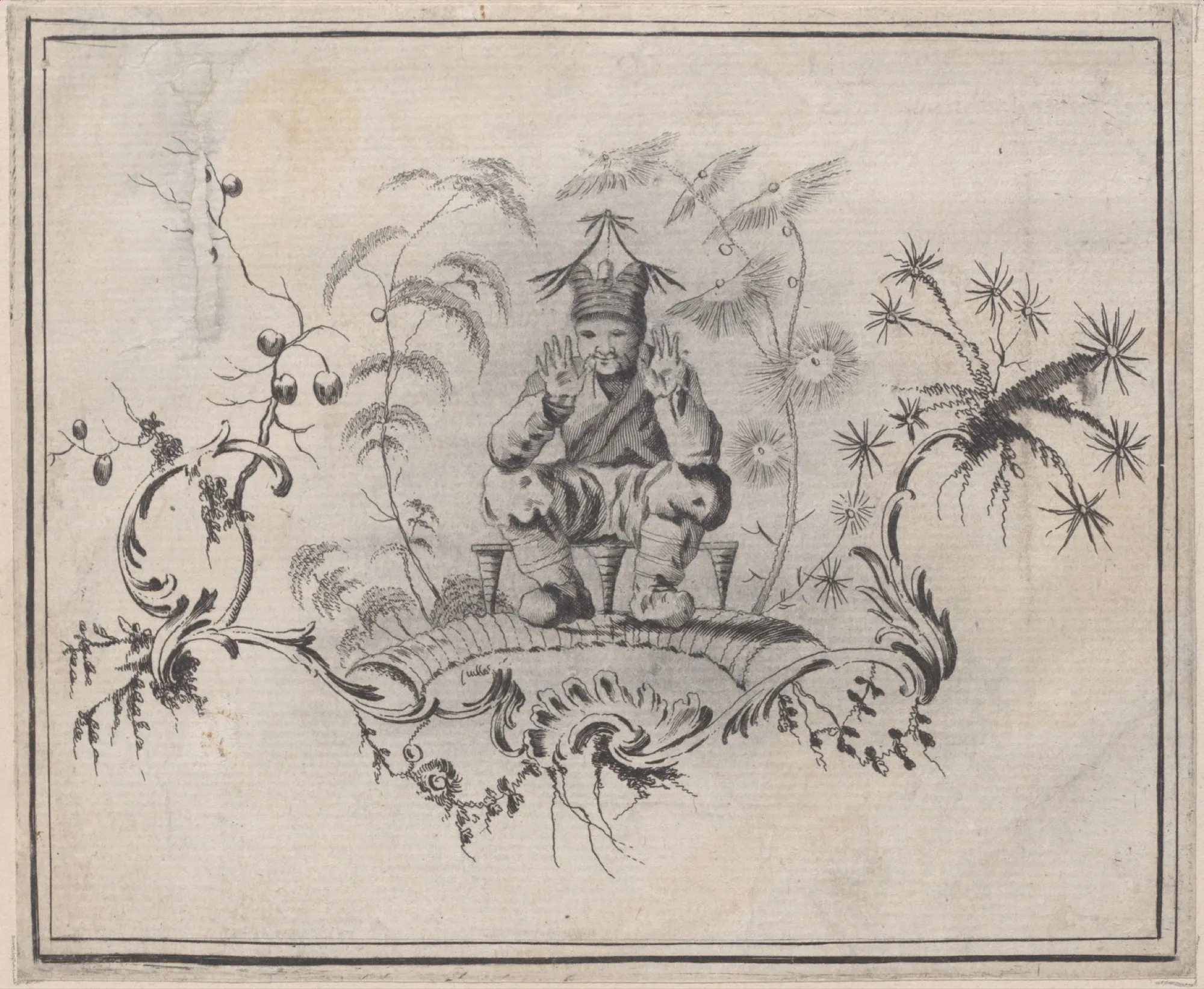 A monochrome etching of a costumed figure seated among fantastical shells, leaves, flowers, and curved branches inside a rectangular border.
