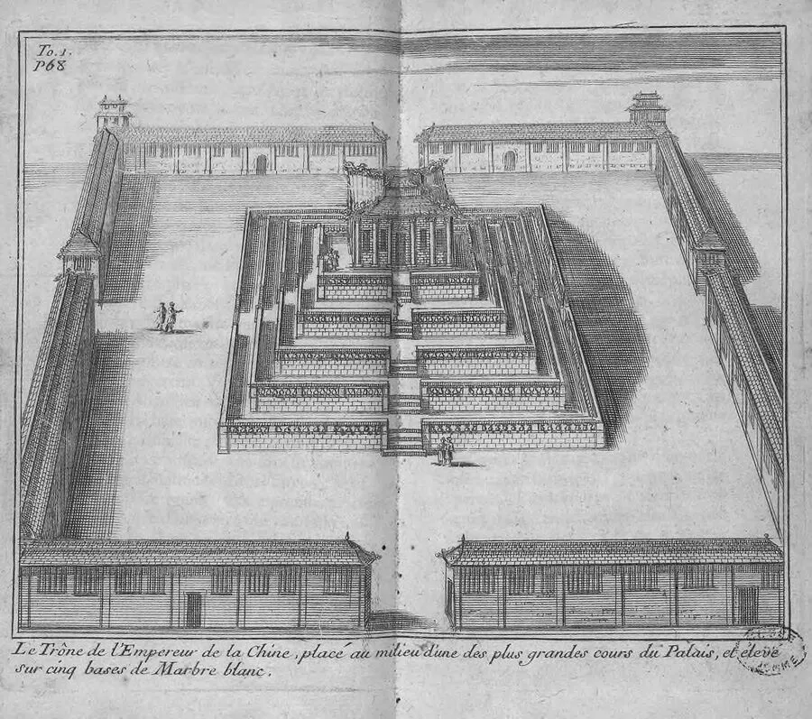 A black-and-white perspective engraving of the Chinese emperor's throne centered on a raised marble platform within a large symmetrical palace court.
