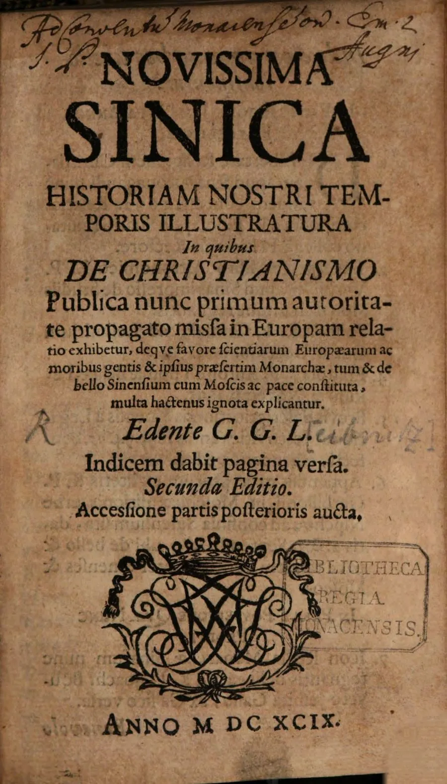 The aged title page of the 1699 second edition of Novissima Sinica, with its title in large black type, Latin description, editor's initials, printer's device, ownership inscriptions, and library stamp.