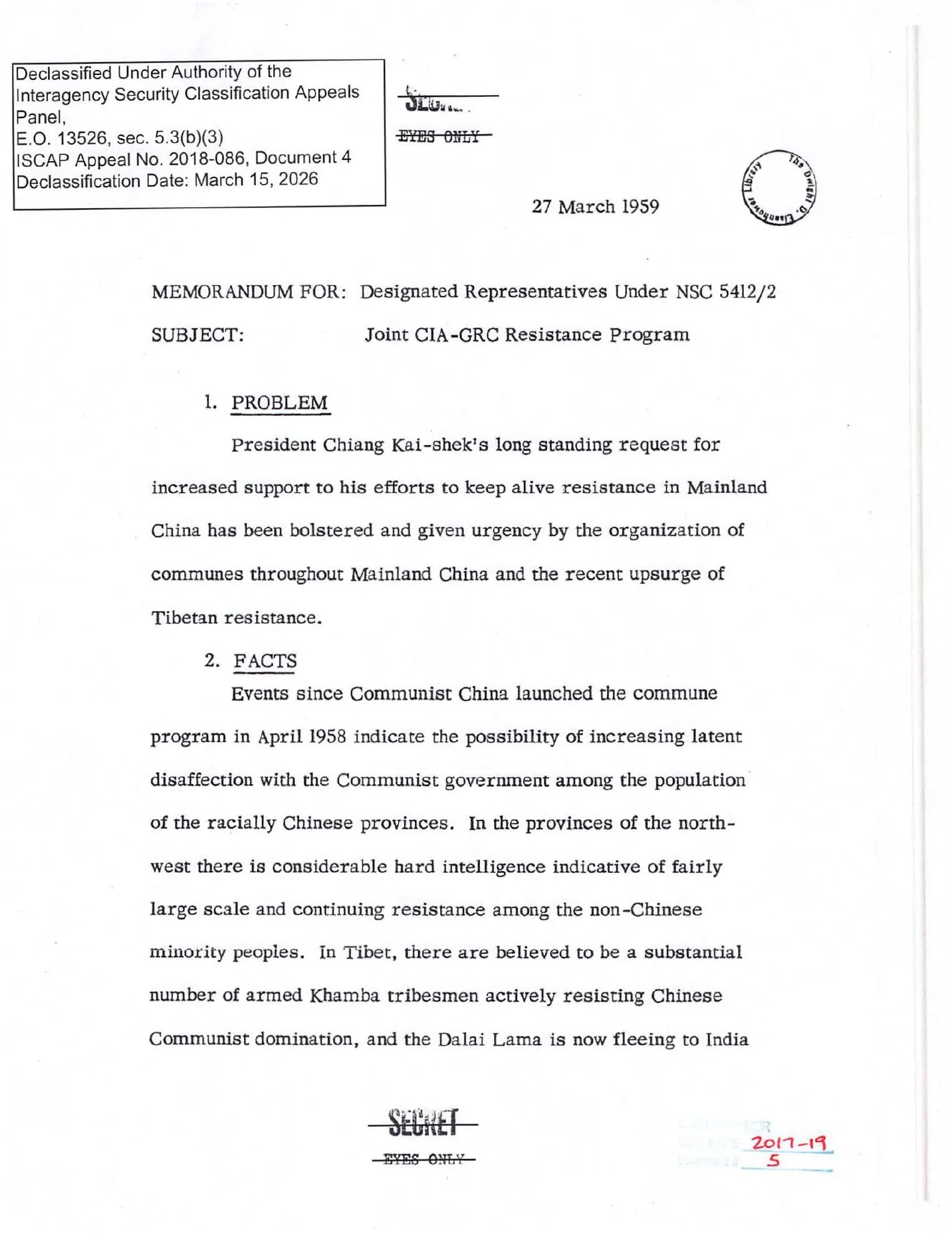 The first page of a secret 1959 CIA memorandum titled Joint CIA-GRC Resistance Program links mainland communes and Tibetan resistance to a proposal for increased support.