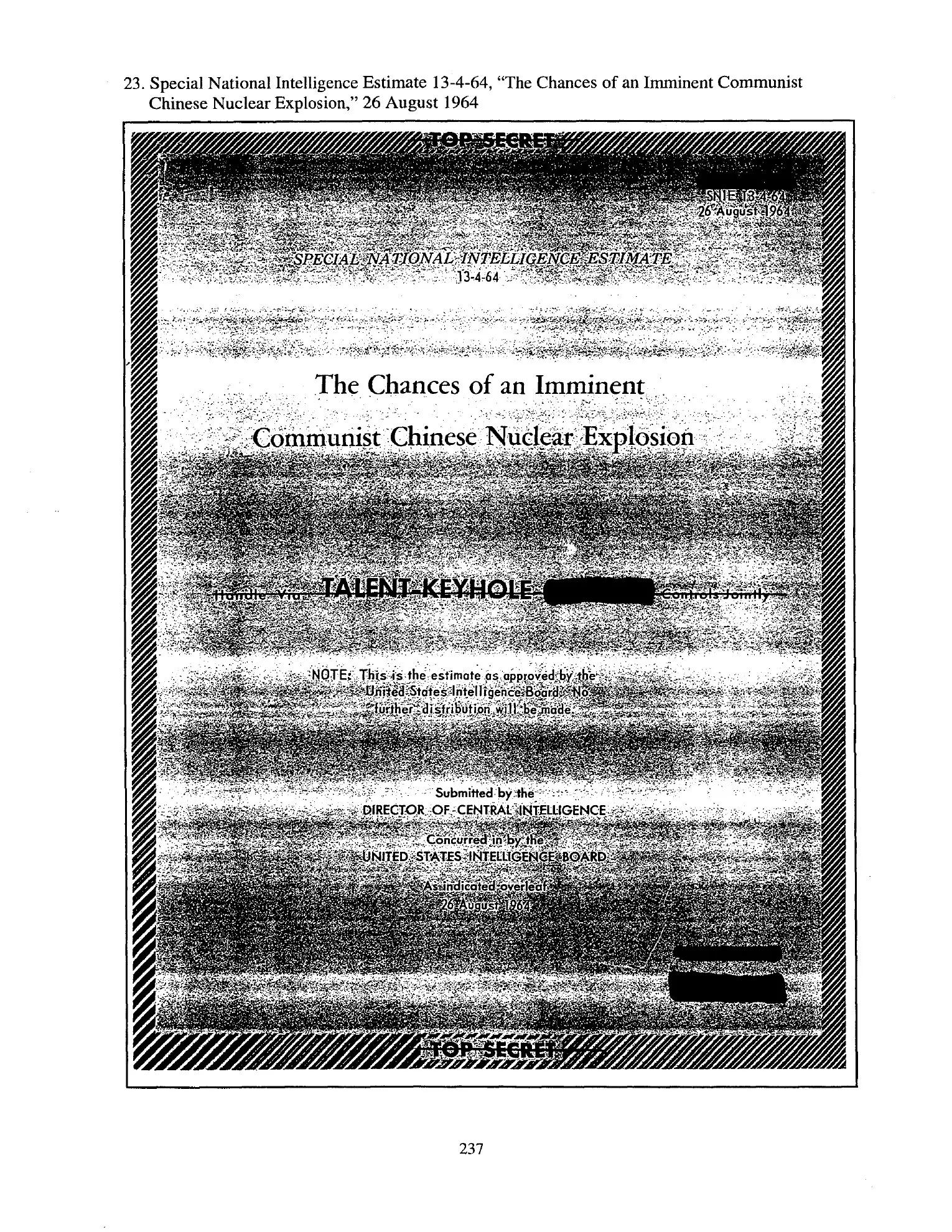 A heavily marked Top Secret cover reads The Chances of an Imminent Communist Chinese Nuclear Explosion and carries the date 26 August 1964, codewords, redactions, and classification bands.