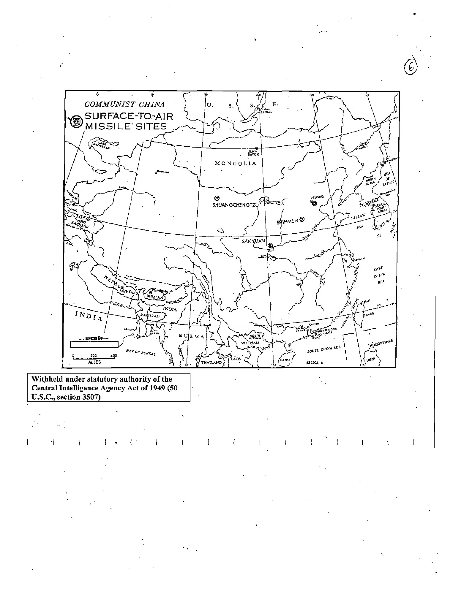 A black-and-white CIA map titled Communist China Surface-to-Air Missile Sites marks eight locations across the mainland and includes a large statutory-withholding notice.